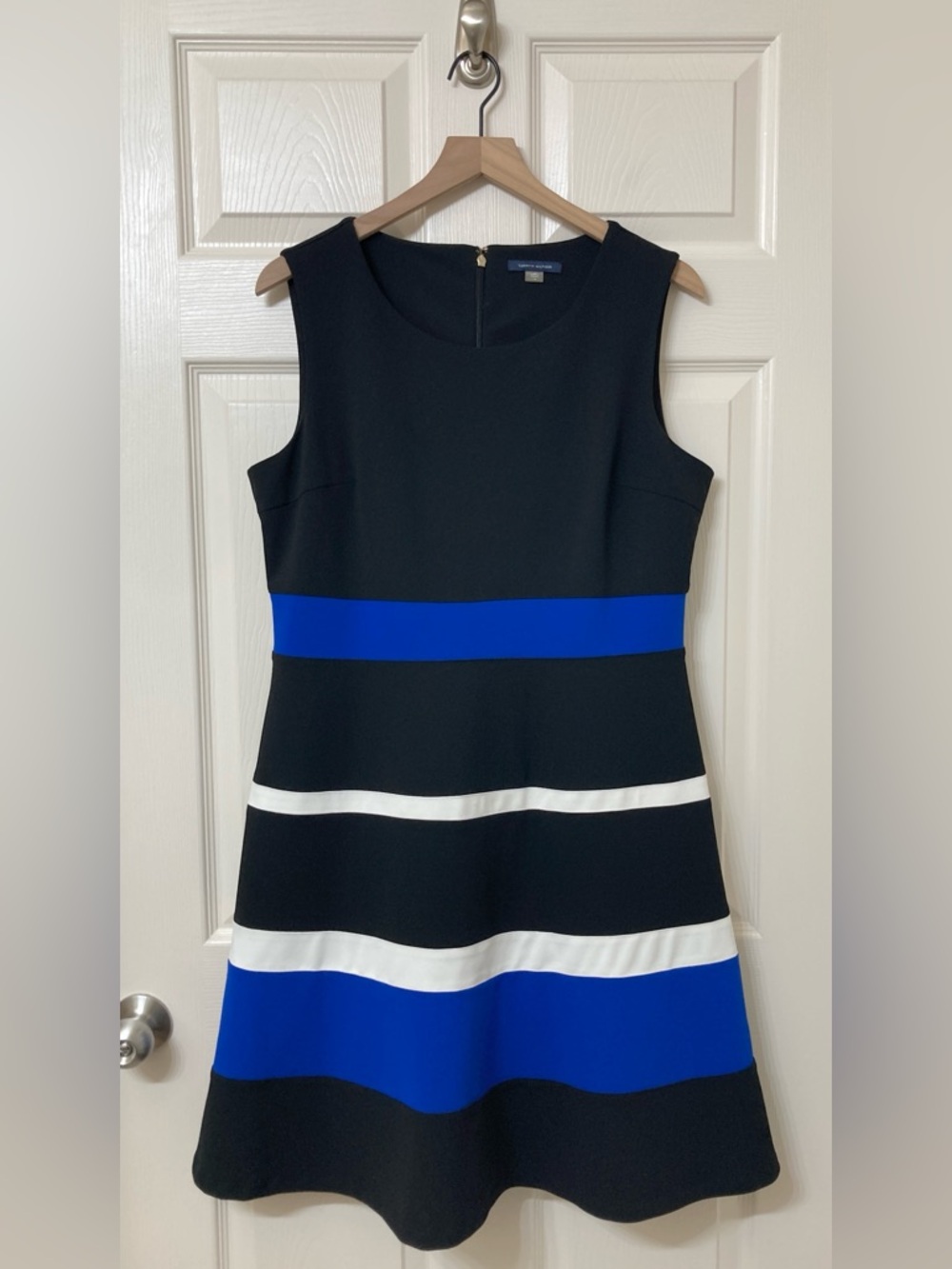 Tommy Hilfiger Black White Blue Stripe Sleeveless A-line Dress 14 Preppy Career - Picture 8 of 8
